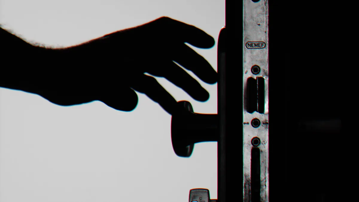 Silhouette einer Hand, die kurz davor steht, eine Tür mit Schlüsseln im Schloss zu öffnen, symbolisiert Sicherheit.