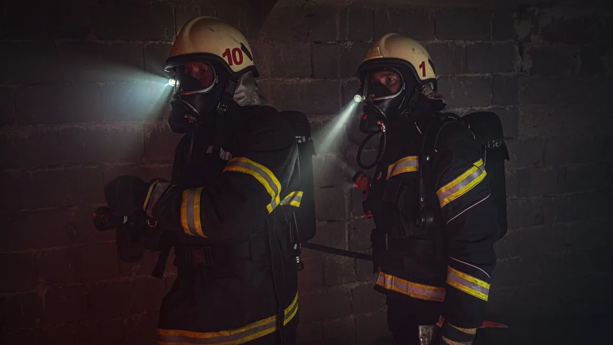 Feuerwehrleute in vollständiger Ausrüstung, die unter dunklen Bedingungen mit Taschenlampen arbeiten.