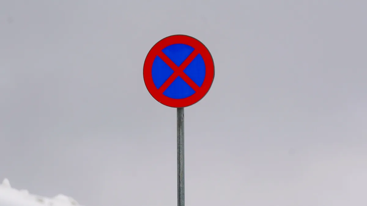 Ein Parkplatzverbotsschild steht in einer schneebedeckten Winterlandschaft und bietet eine minimalistische Szene.