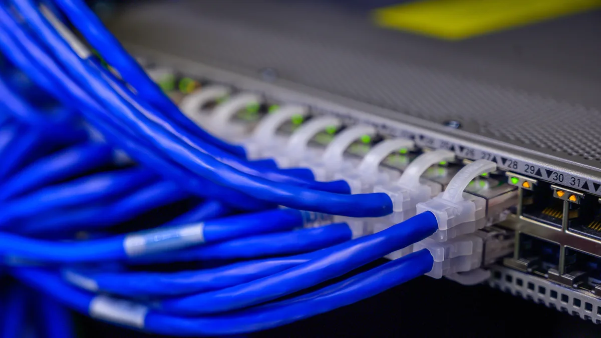 Detaillierte Ansicht von blauen Ethernet-Kabeln, die mit einem Netzwerk-Switch in einem Rechenzentrum verbunden sind.