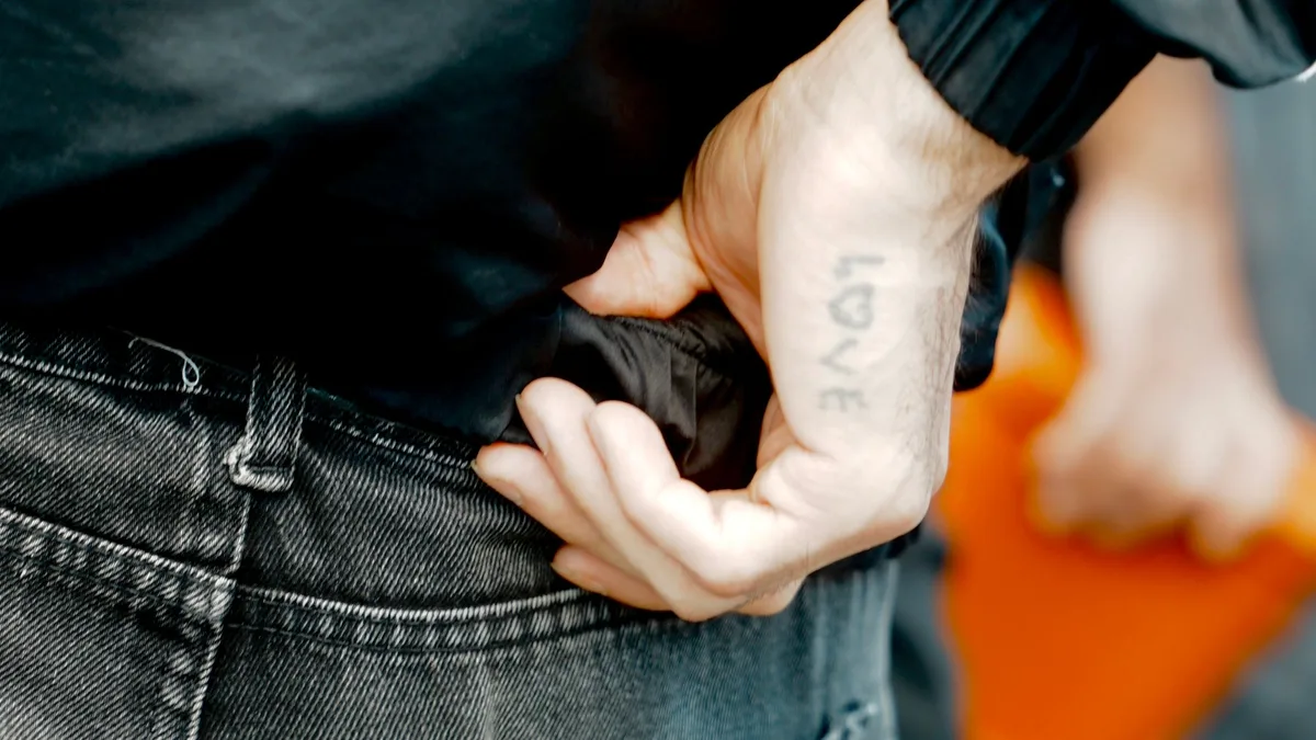 Nahaufnahme einer Hand mit einem Liebes-Tattoo, die in eine Jeans-Tasche greift.