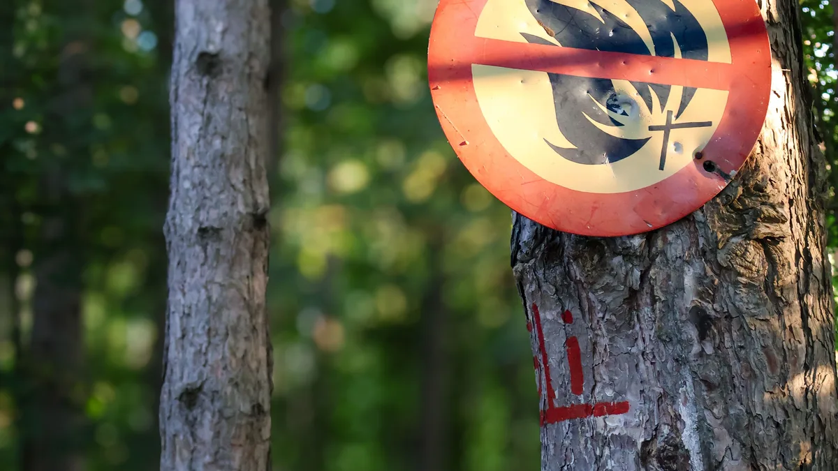Ein Warnschild im Wald verbietet Lagerfeuer und sorgt für Sicherheit und verhindert Waldbrände.