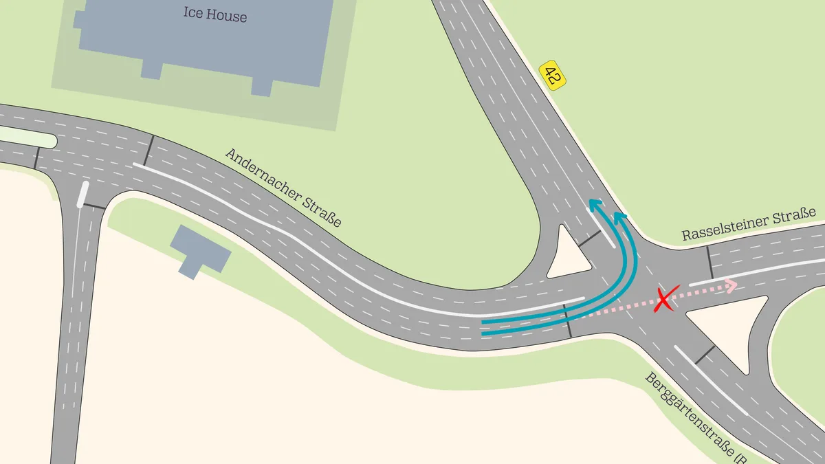 Kartenausschnitt der Kreuzung Andernacher Straße und B42 in Neuwied mit der geplanten zweiten Linksabbiegerspur