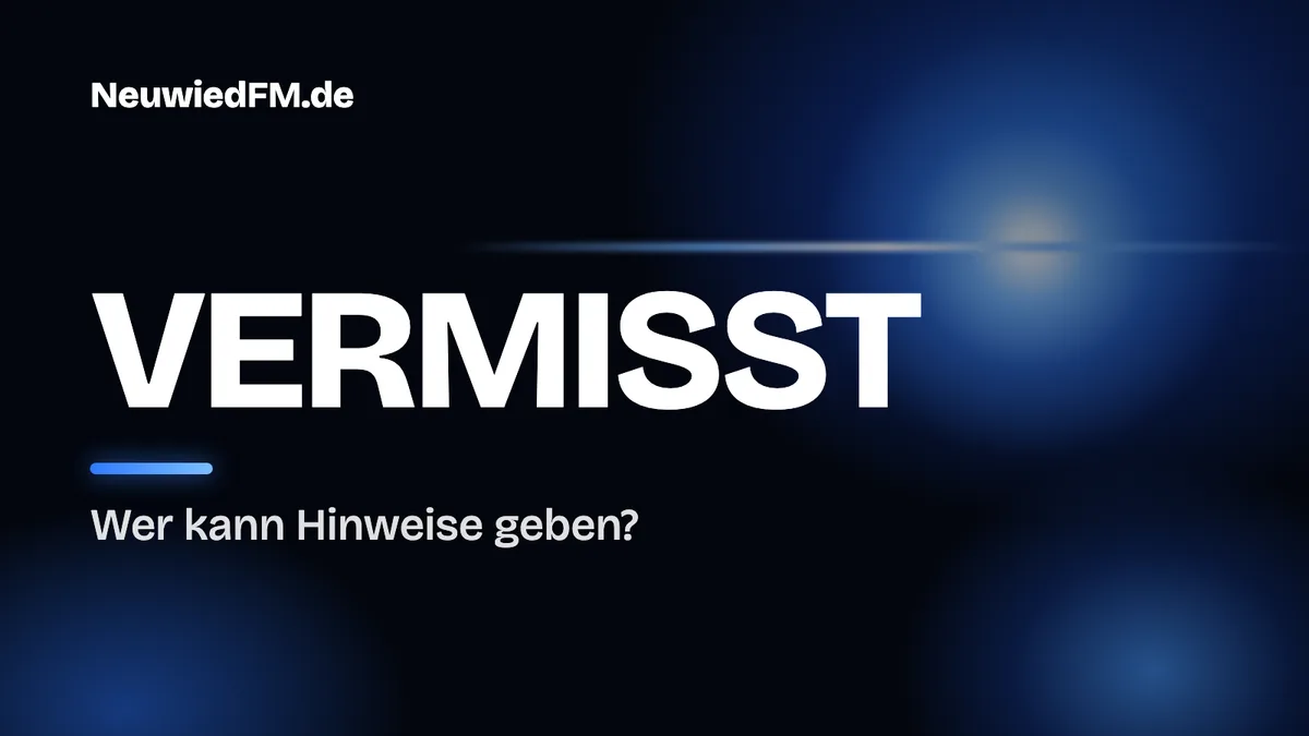 Schriftzug Vermisst, Wer kann Hinweise geben?, vor blauem Blaulicht