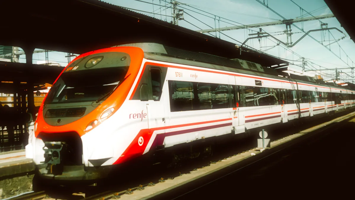 Ein eleganter moderner Zug an einem Bahnhof in Madrid, Spanien, tagsüber aufgenommen.