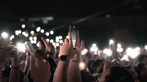 Menge bei einem Nachtkonzert, die die Szene mit ihren Handys in einer lebhaften Atmosphäre beleuchtet.