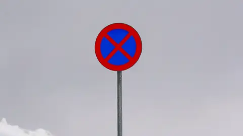 Ein Parkplatzverbotsschild steht in einer schneebedeckten Winterlandschaft und bietet eine minimalistische Szene.