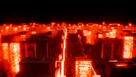 Eine auffällige digitale Stadtlandschaft, die von hellen roten Neonlichtern erleuchtet wird und eine futuristische Atmosphäre schafft.